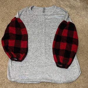 Grey Top with Red & Black Buffalo Plaid Puff Sleeves Honeyme